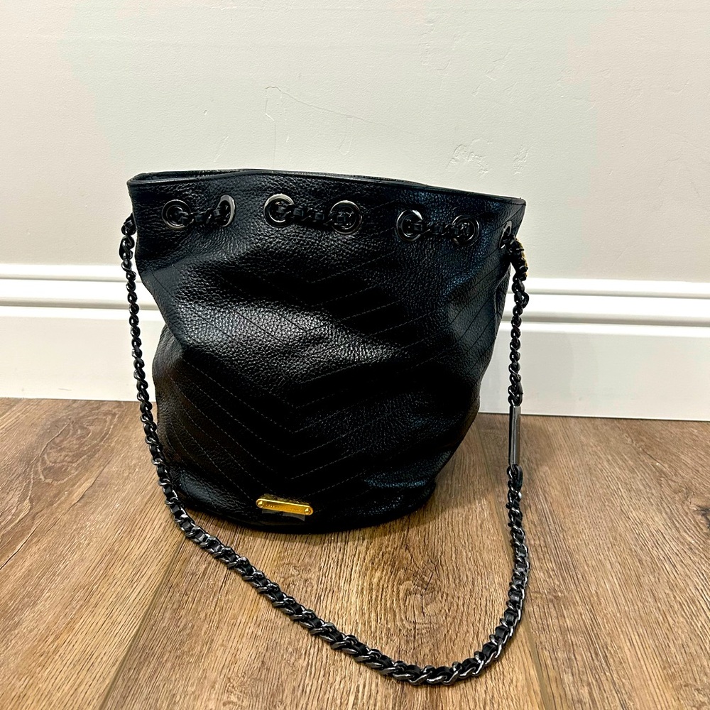 NWT Rebecca Minkoff soft leather bucket bag- black chevron w/ two toned strap.